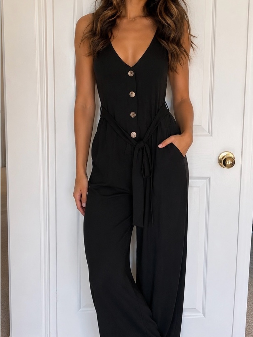 Black V-Neck Button Front Jumpsuit